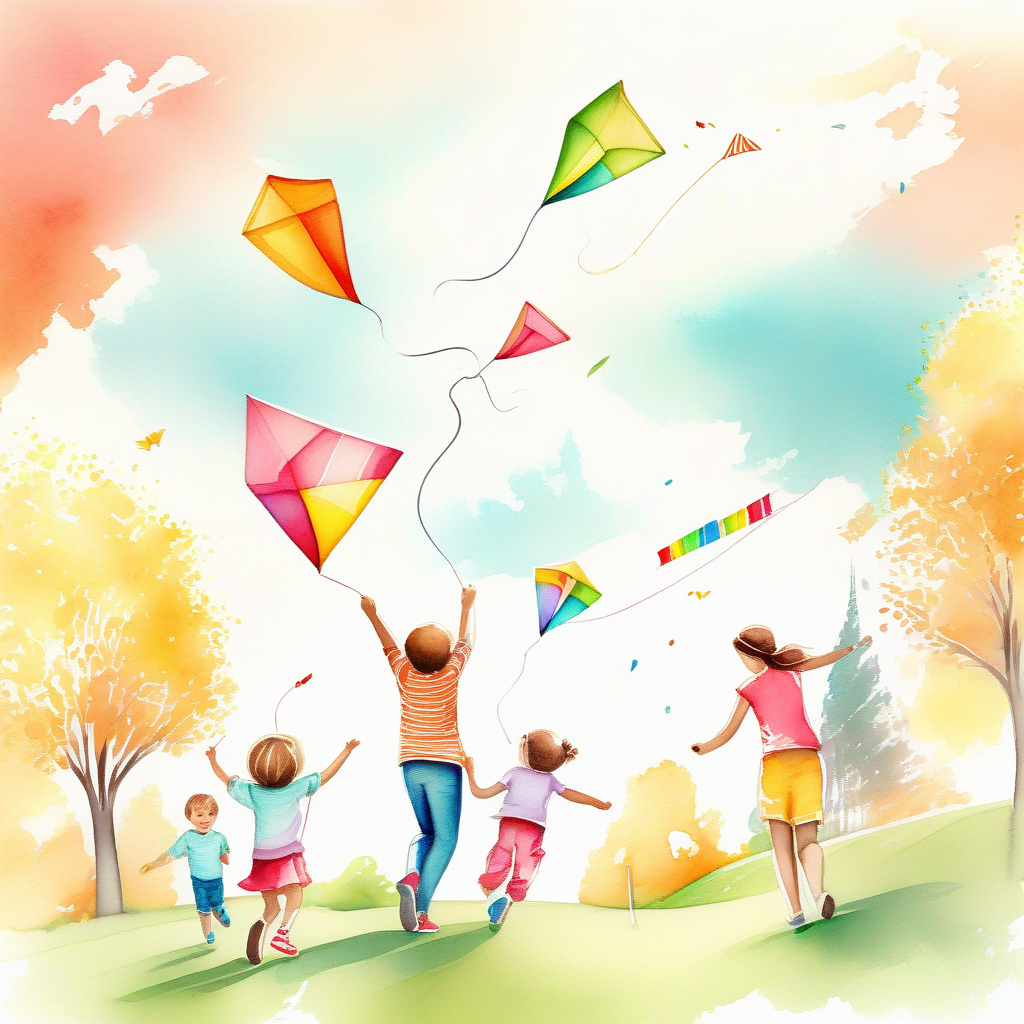 Family playing in a park, flying kites. Colors: vibrant and playful.