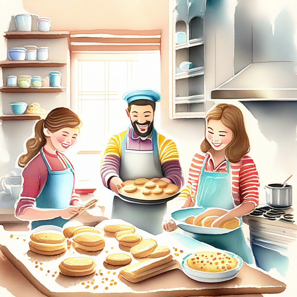 Family baking cookies in a kitchen. Colors: cozy and delicious.