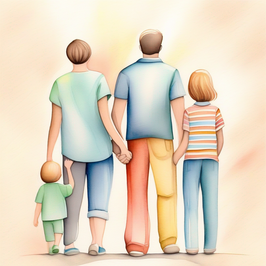 Family standing strong, holding hands. Colors: united and caring.