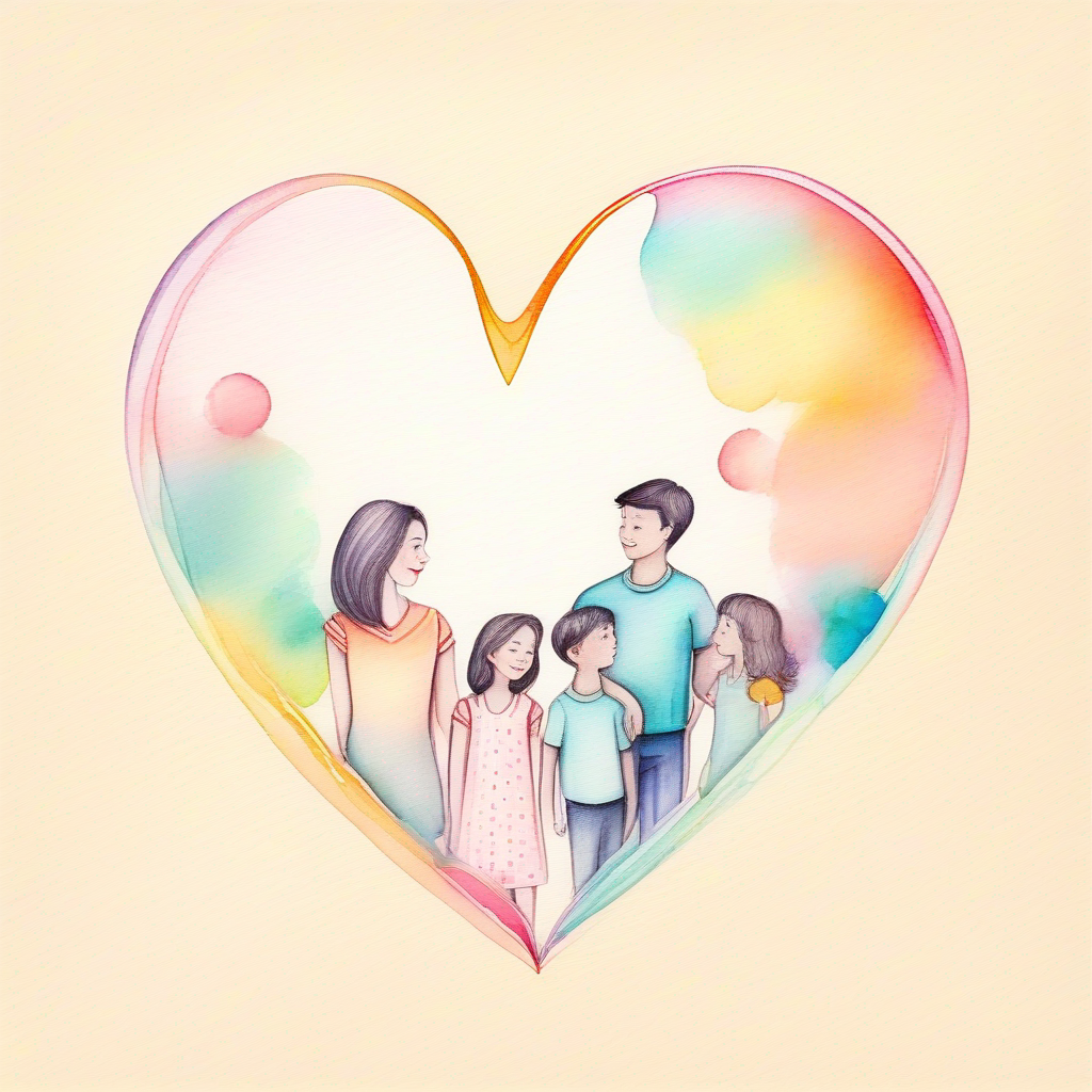 Family surrounded by a heart-shaped bubble. Colors: loving and connected.