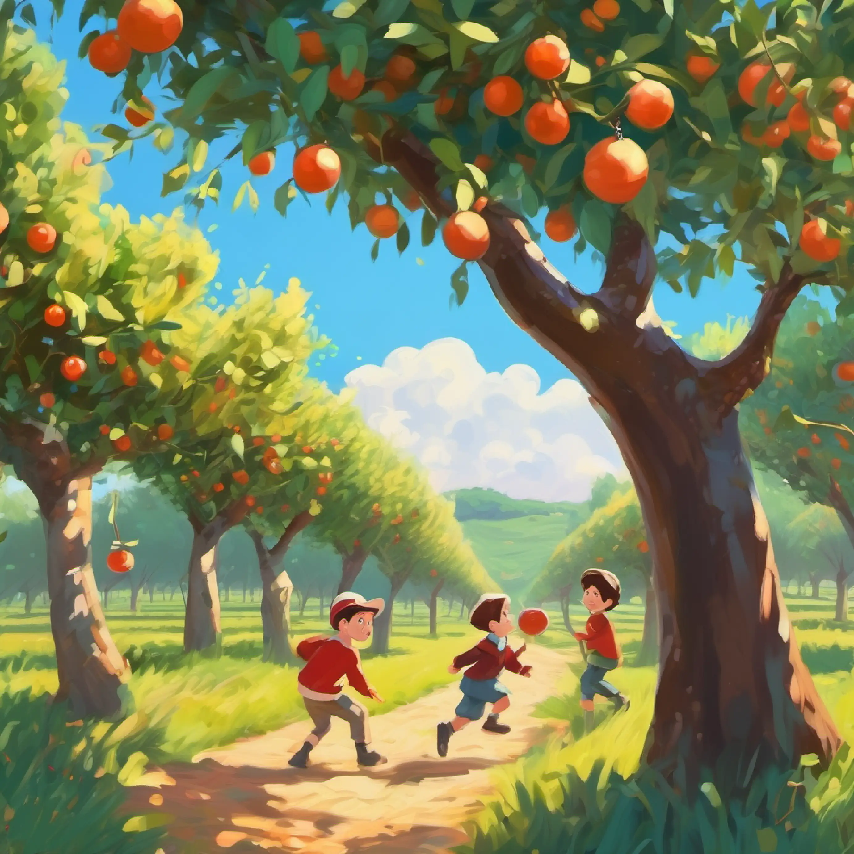 Boys playing in an orchard, clear day