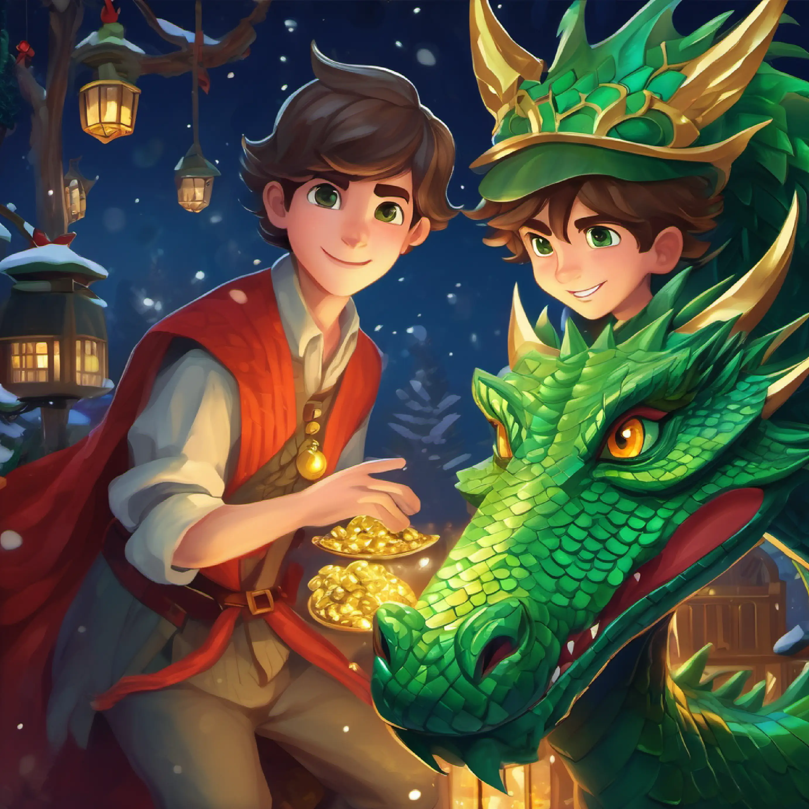 Boys agreeing to help Dragon, emerald scales, gold underbelly, wise eyes