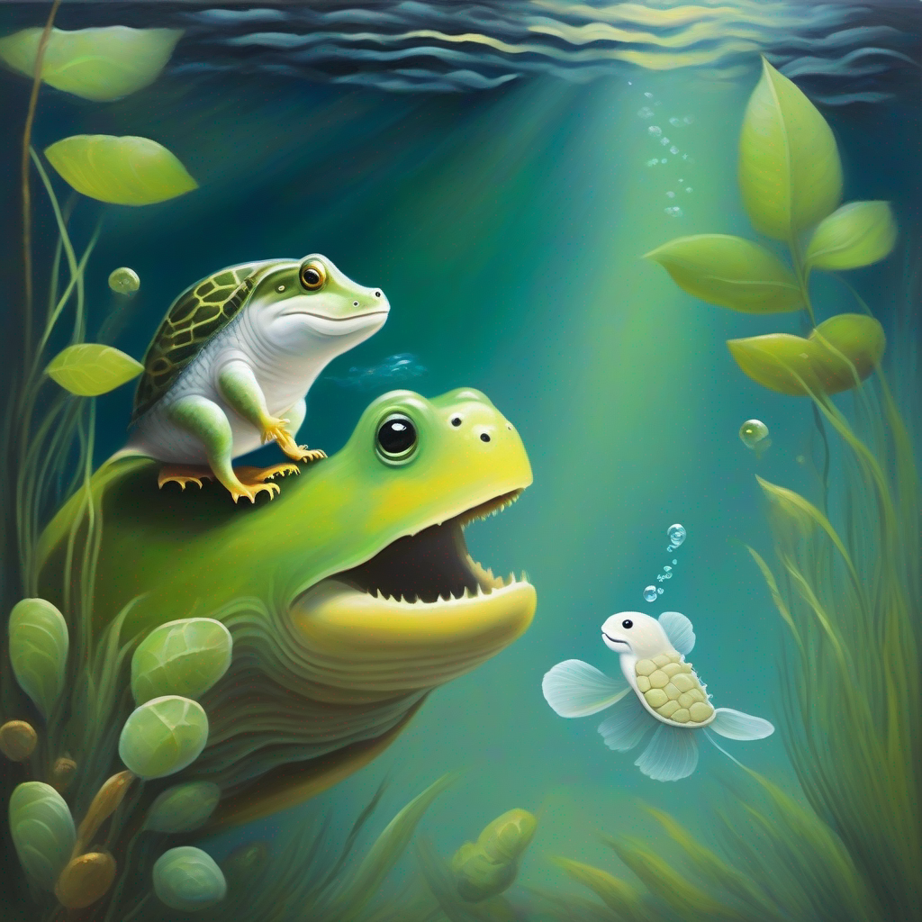 A A small tadpole searching for its A loving mother tadpole.. talking to a A turtle with a white beard and a kind smile. with a long white beard.