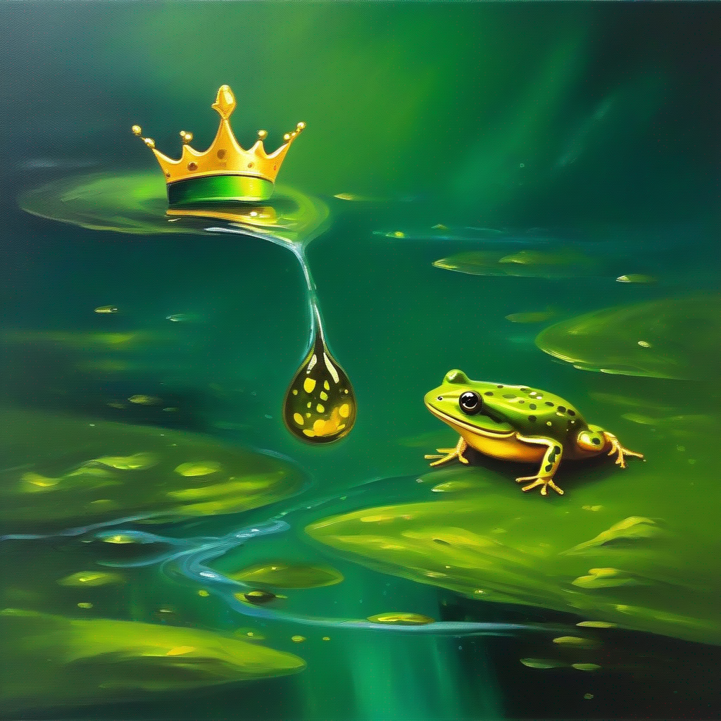 A A small tadpole searching for its mother. talking to a A frog with bright green skin and a shiny golden crown. with a shiny golden crown.