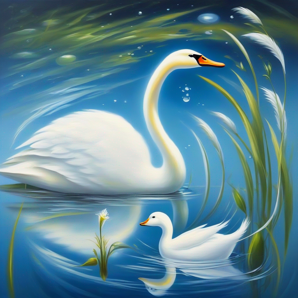 A A small tadpole searching for its A loving mother tadpole.. talking to a graceful swan with snowy white feathers.