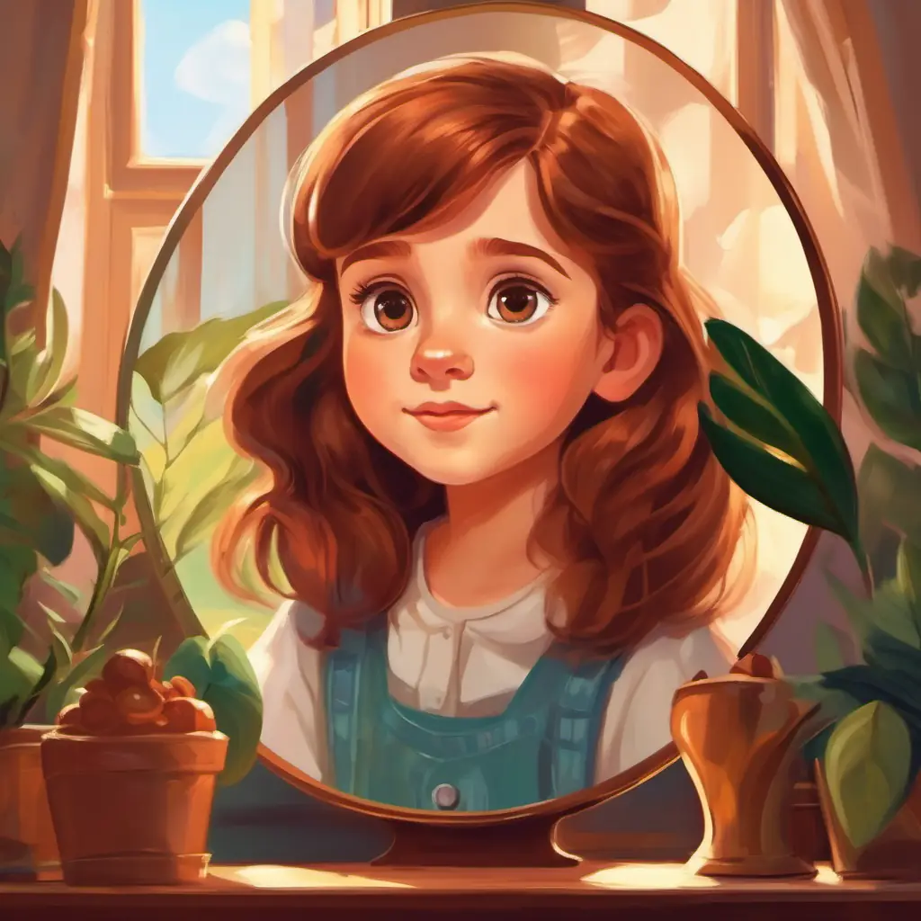 Young girl with bright brown eyes and chestnut hair uses the first mirror and learns about kindness.