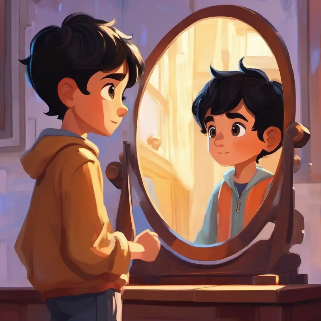 Energetic boy with short black hair and dark eyes looks into the second mirror, sees a past good deed.