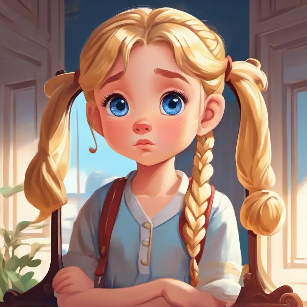 Thoughtful girl with blonde hair tied in pigtails, blue eyes's patience in learning is rewarded by the third mirror.