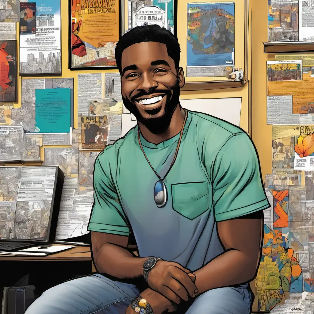 A warm smile, black man with a passion for helping others, 10 words max, a black man with a warm smile, resided in a cozy apartment in the heart of New York City. The walls were filled with credit-related charts and motivational quotes.