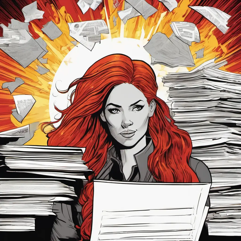 Fiery red hair, determined woman with a mix of hope and frustration, 10 words max, a determined woman with fiery red hair, wore an expression of hope mixed with frustration. She stood in front of A warm smile, black man with a passion for helping others, 10 words max, clutching a stack of papers that detailed her case.