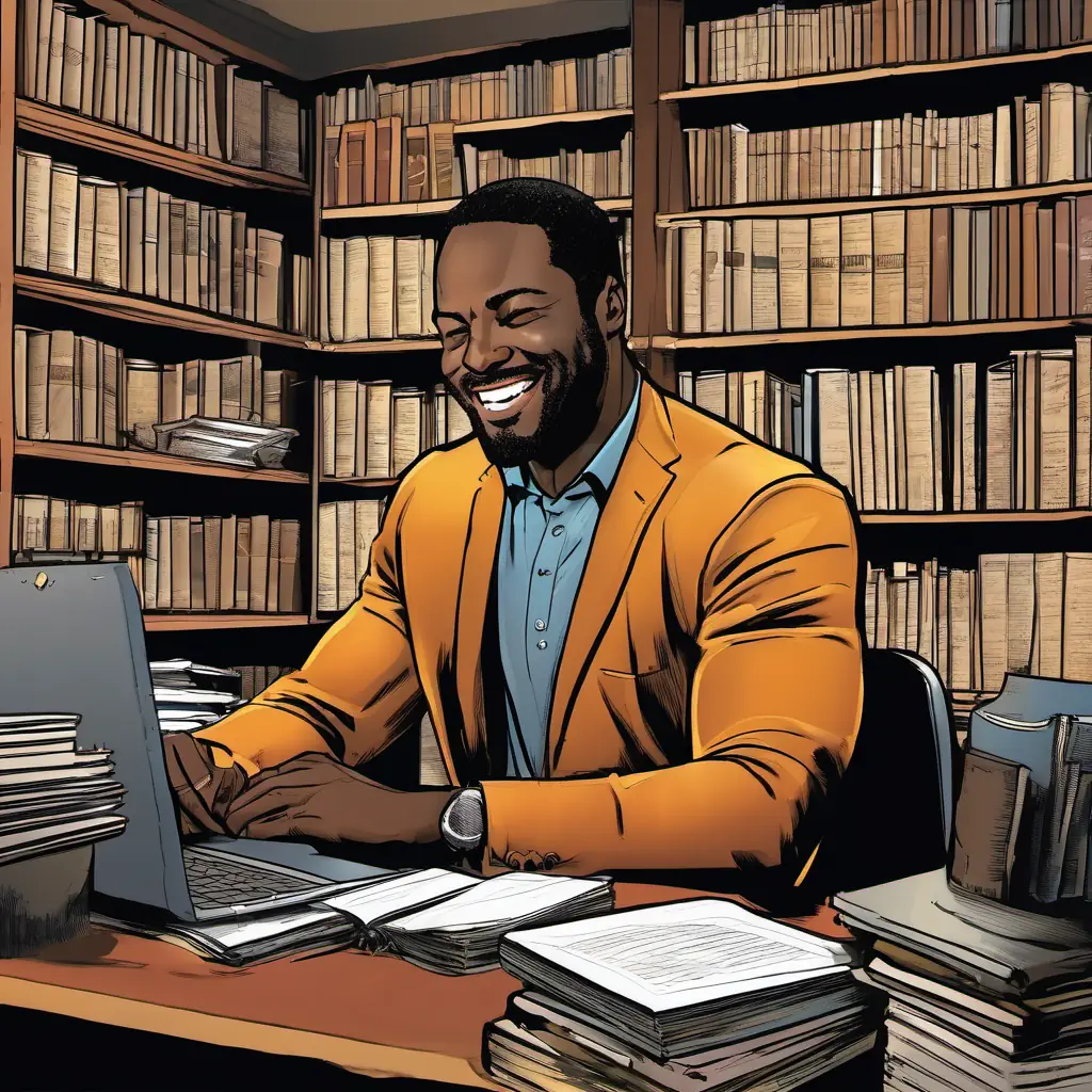 A warm smile, black man with a passion for helping others, 10 words max sat in his dimly lit office, surrounded by law books and a worn-out laptop. His furrowed brows mirrored his internal struggle as he deliberated.