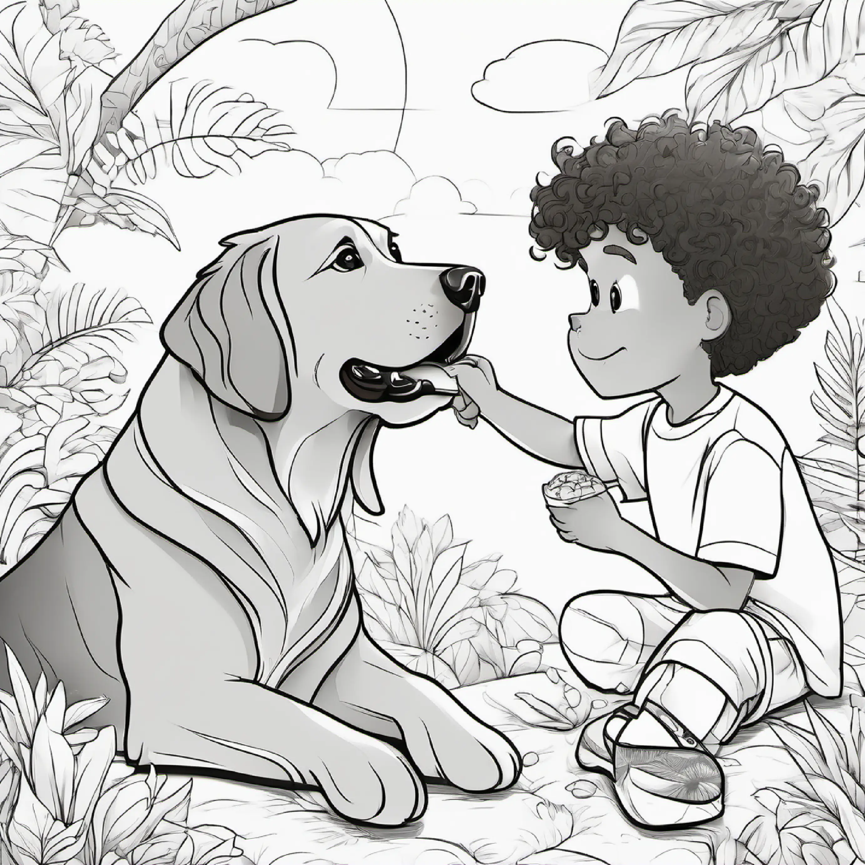 The big dog sniffs and licks Samson's hand.