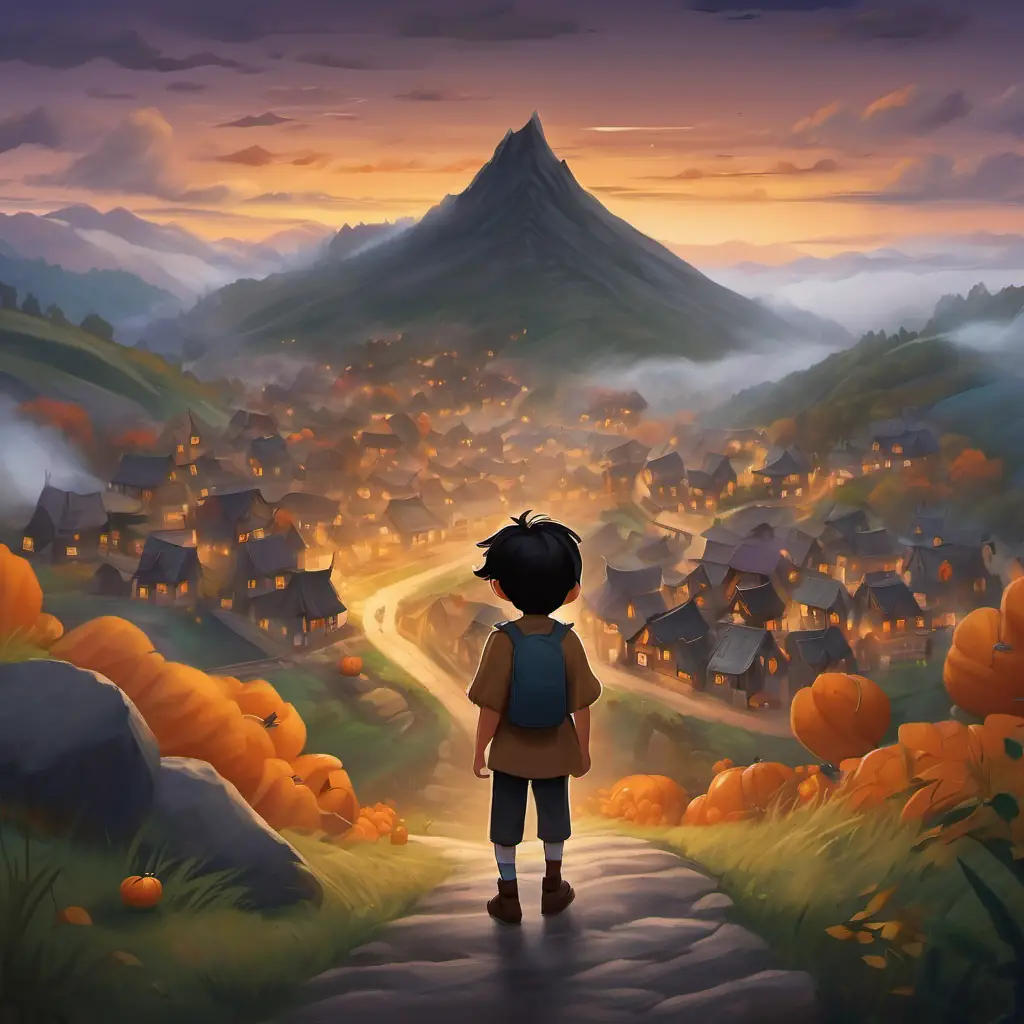The reader sees a misty mountain village with Brave boy with a big heart, black hair, and brown eyes, a brave boy with a big heart.