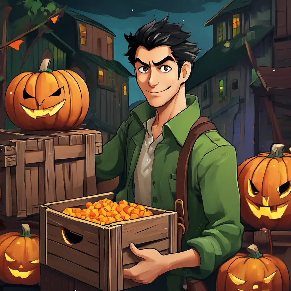 Sneaky man with sly eyes and a sly smile, black hair, and green eyes, a sneaky man with sly eyes and a sly smile, unloads his crates of weapons with loud noises.