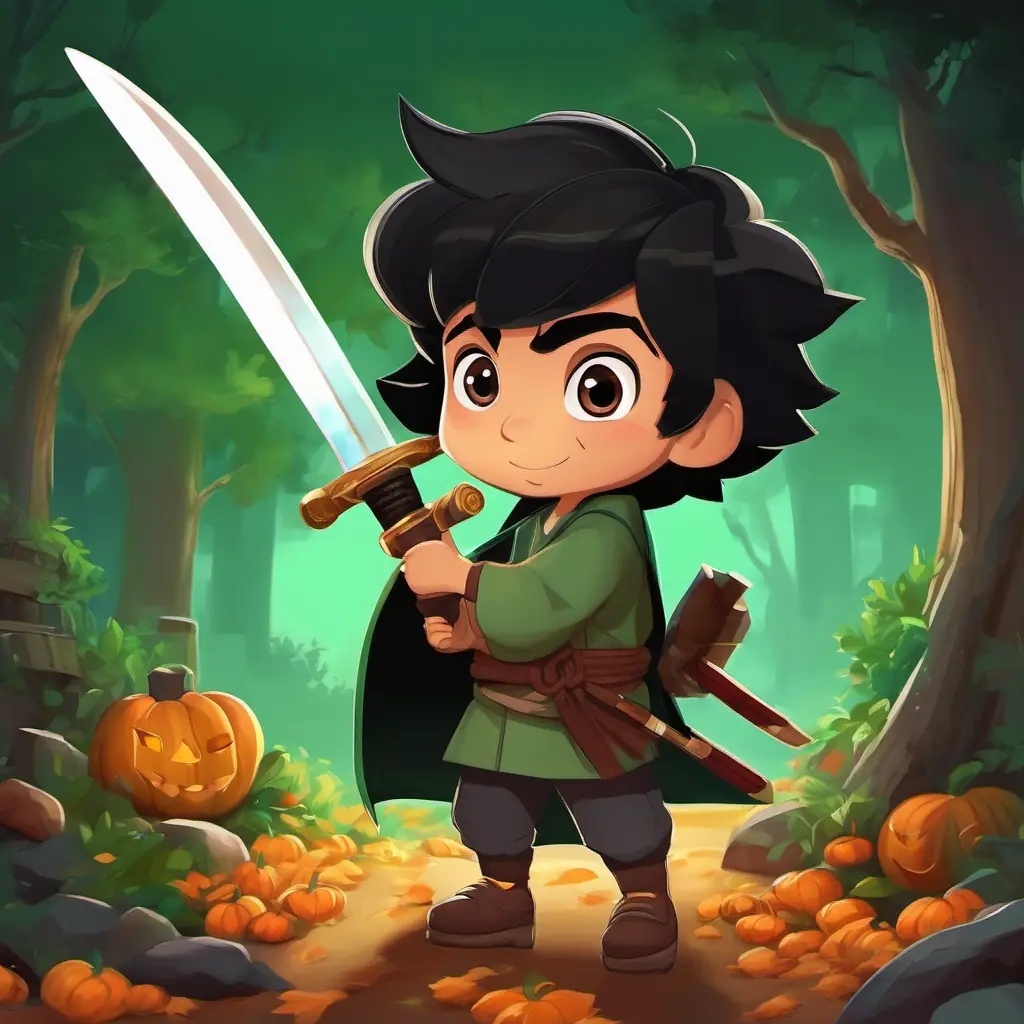 Brave boy with a big heart, black hair, and brown eyes holds his shiny crystal katana and listens to the loud noises from Sneaky man with sly eyes and a sly smile, black hair, and green eyes's crates.