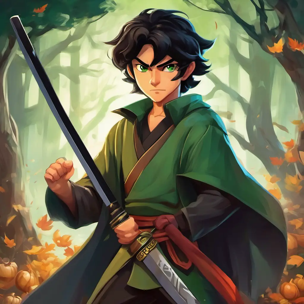 Sneaky man with sly eyes and a sly smile, black hair, and green eyes sneers with an evil look on his face, while Brave boy with a big heart, black hair, and brown eyes stands strong with his crystal katana.