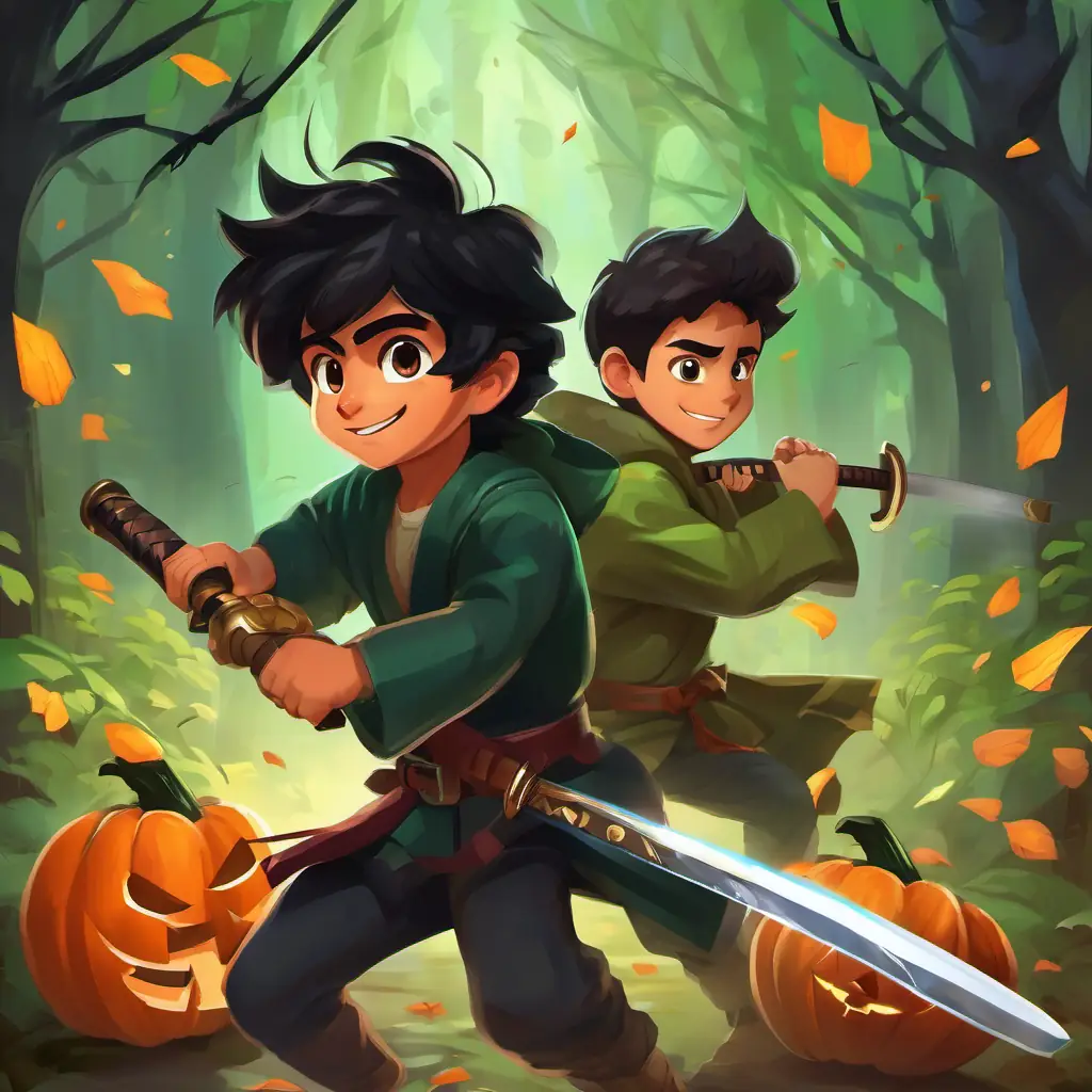 Brave boy with a big heart, black hair, and brown eyes quickly disarms Sneaky man with sly eyes and a sly smile, black hair, and green eyes with a flick of his crystal katana, causing the weapons to crash and clatter.