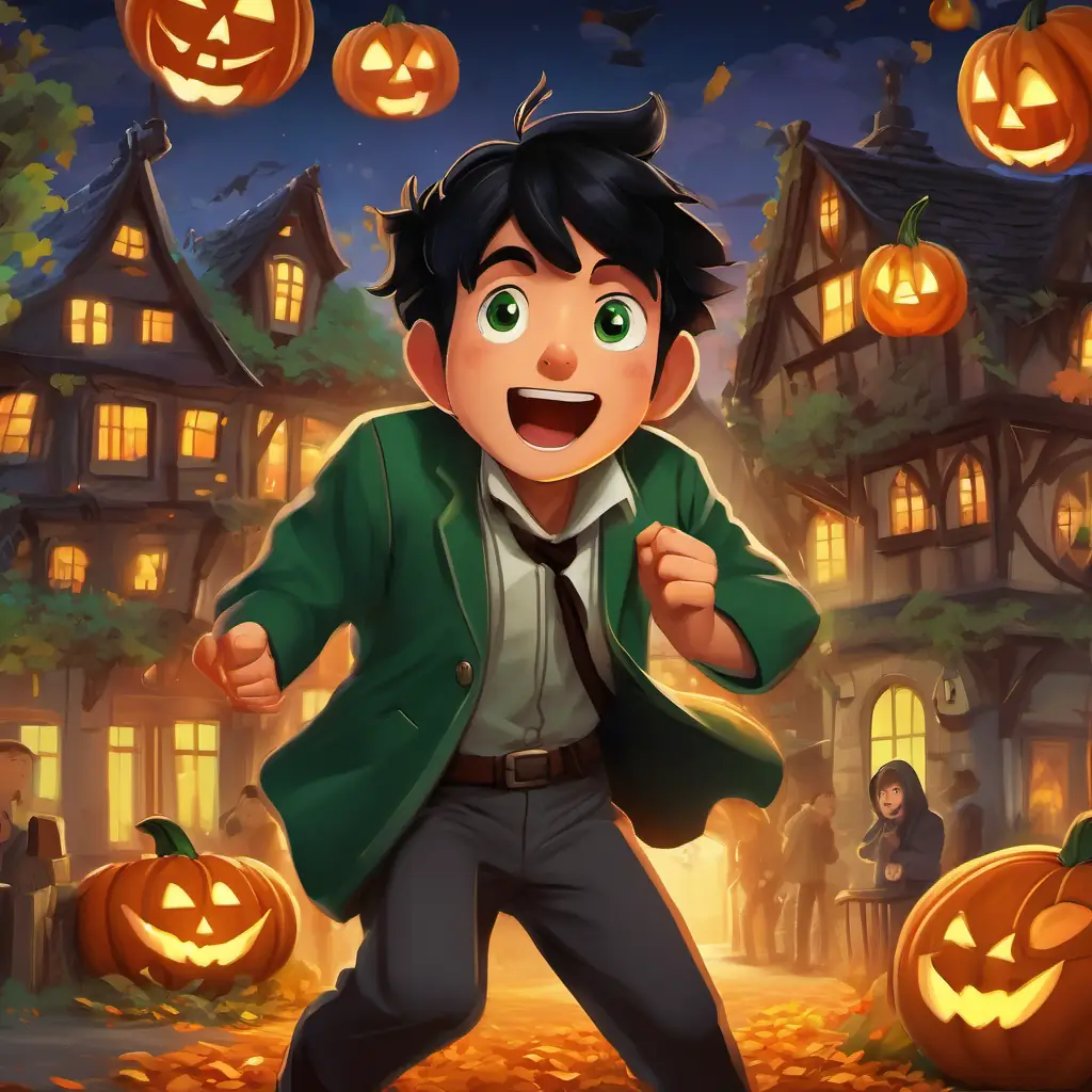 The village celebrates, clapping and cheering as Sneaky man with sly eyes and a sly smile, black hair, and green eyes's plan crumbles into defeat.