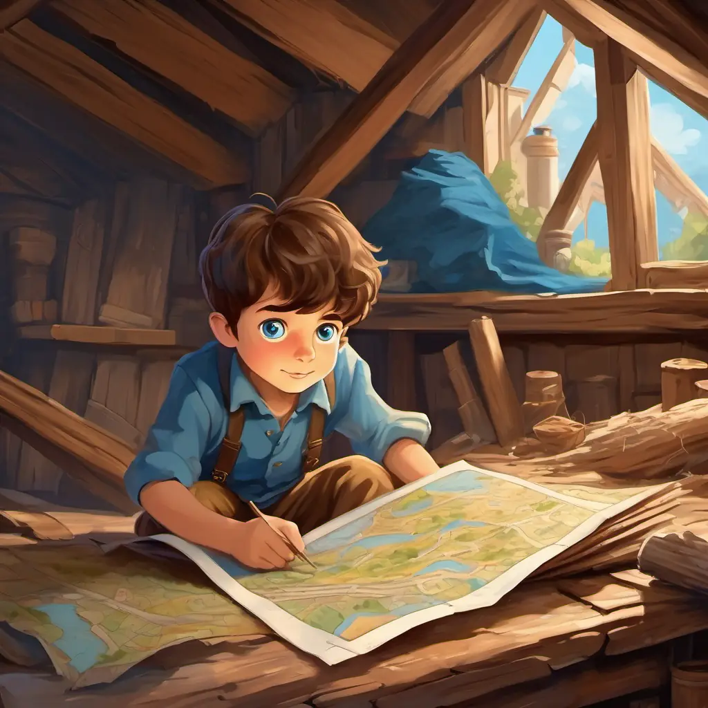 Curious little boy with brown hair and blue eyes in the attic, finding the old dusty map