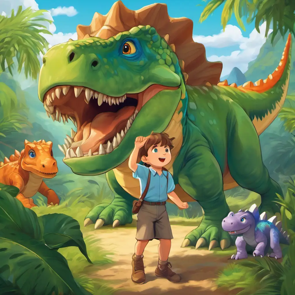 Curious little boy with brown hair and blue eyes and Friendly dinosaur with green skin and kind eyes returning the crown to the dinosaurs, celebrating with a grand feast