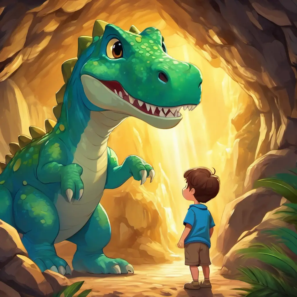 Curious little boy with brown hair and blue eyes and Friendly dinosaur with green skin and kind eyes finding the shiny golden crown in the cave