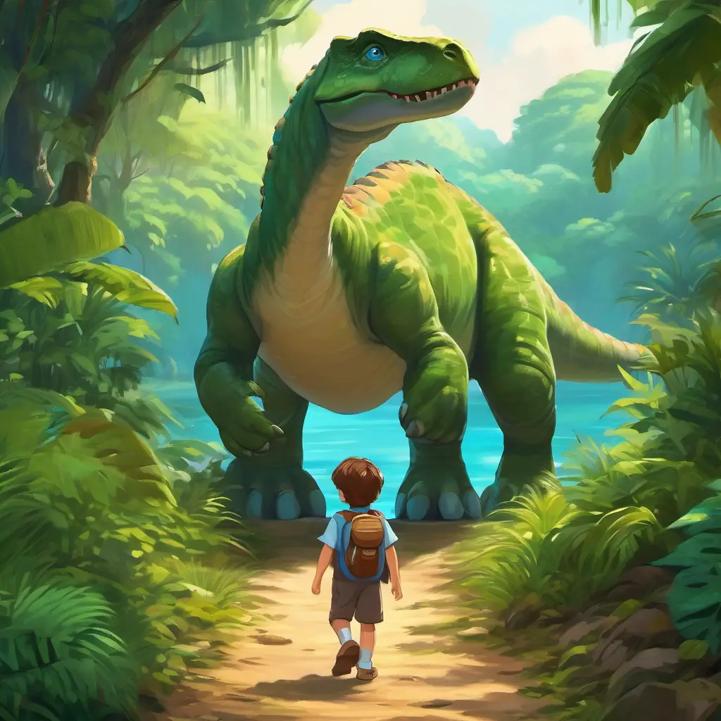 Curious little boy with brown hair and blue eyes arriving at the hidden island, surrounded by lush greenery and kind dinosaurs