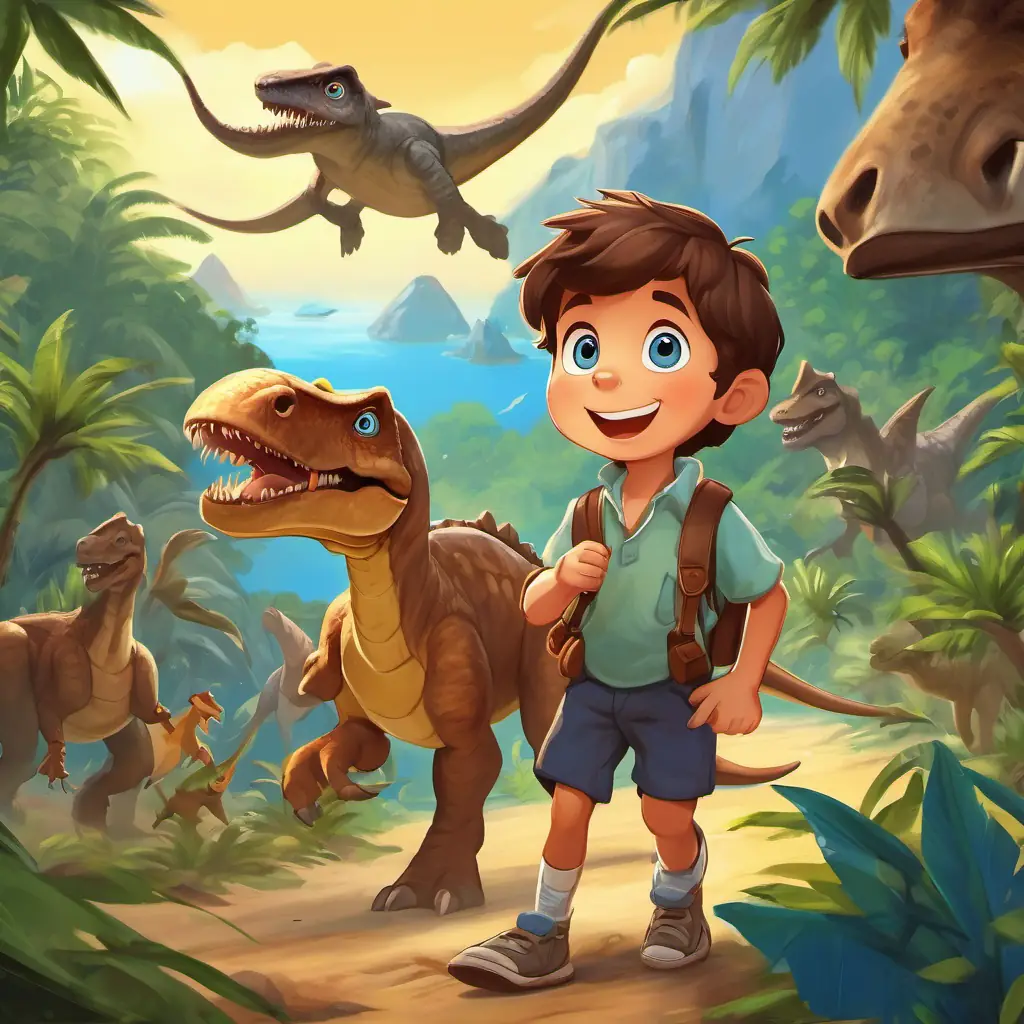 Curious little boy with brown hair and blue eyes playing with the dinosaurs, having fun on the island
