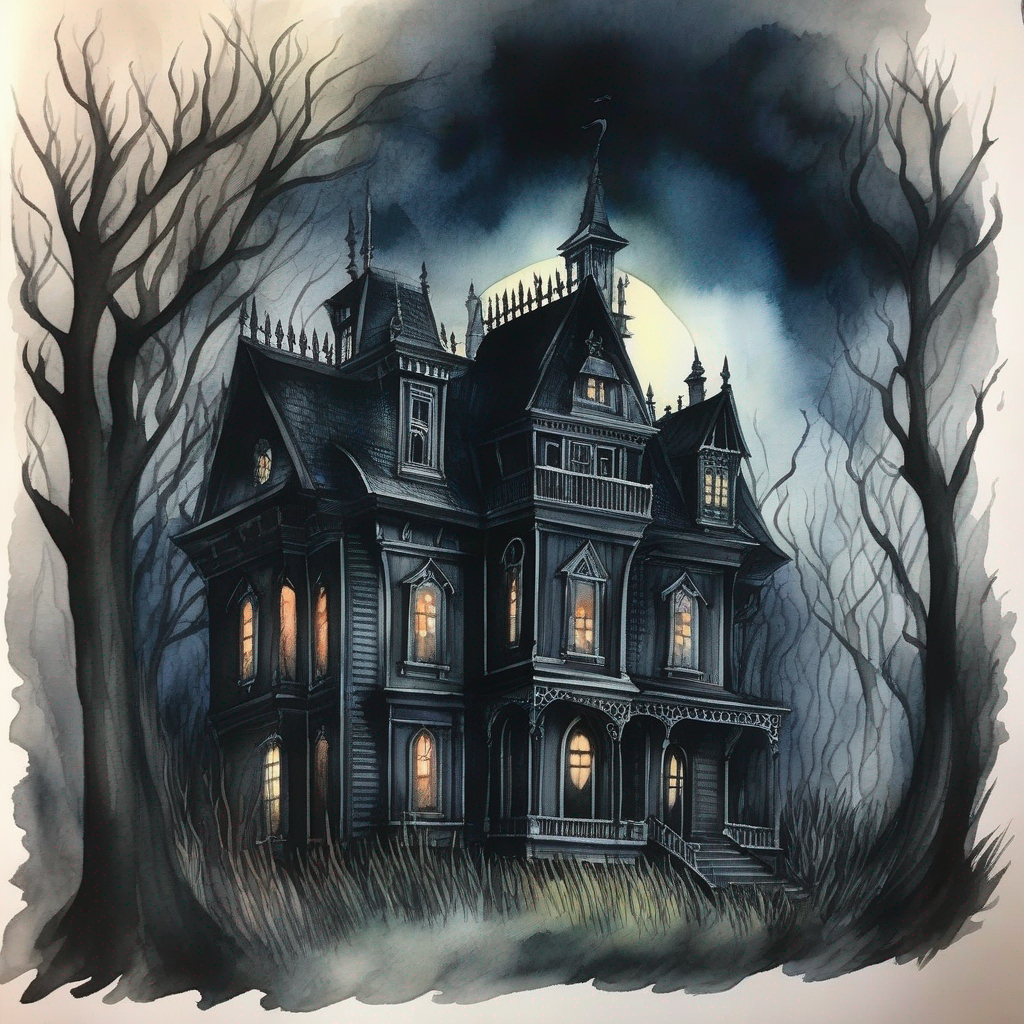 A spooky haunted house, shrouded in darkness and mystery.