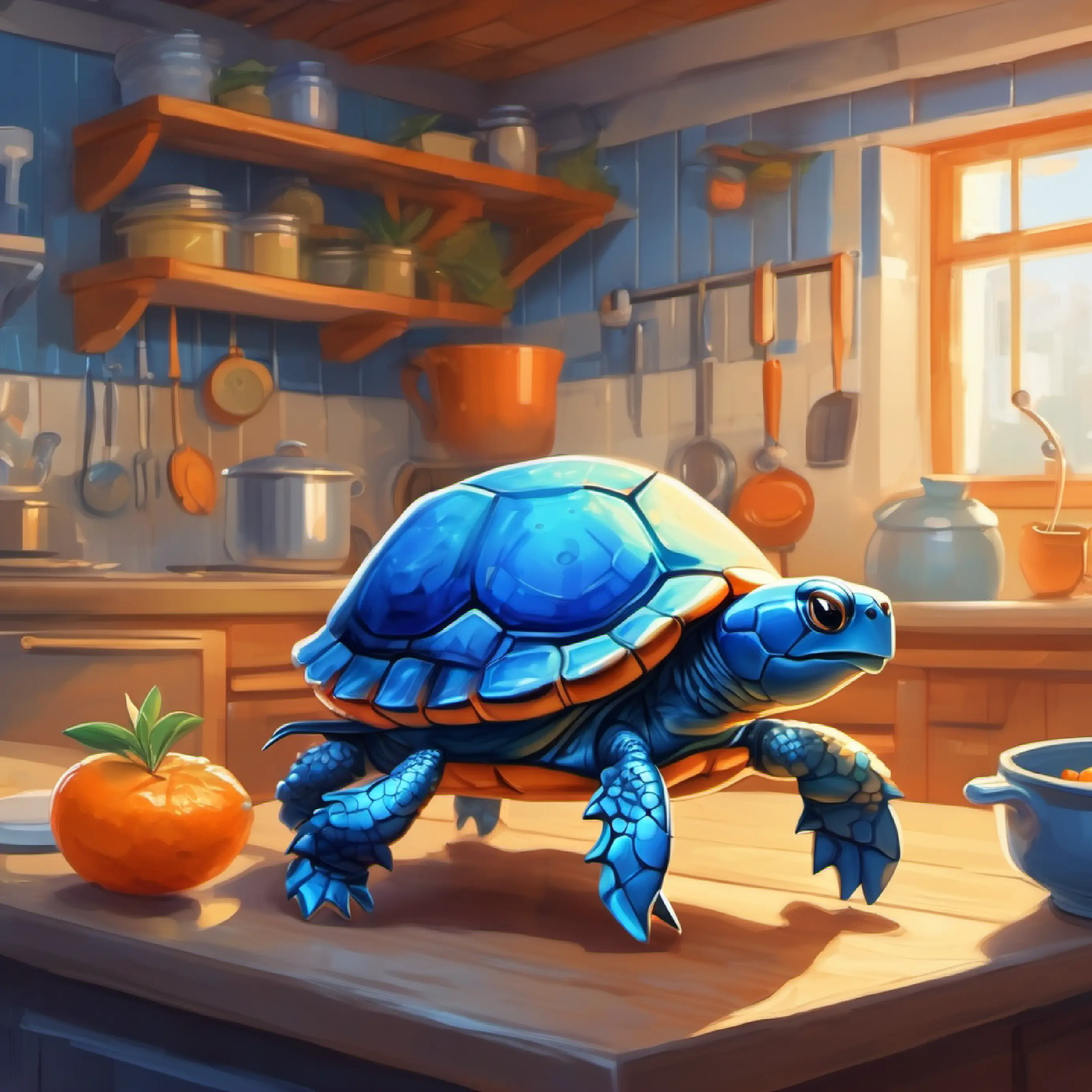 Introduction of characters Tiny blue turtle with a shiny shell and Small orange crab with snappy claws in their kitchen.