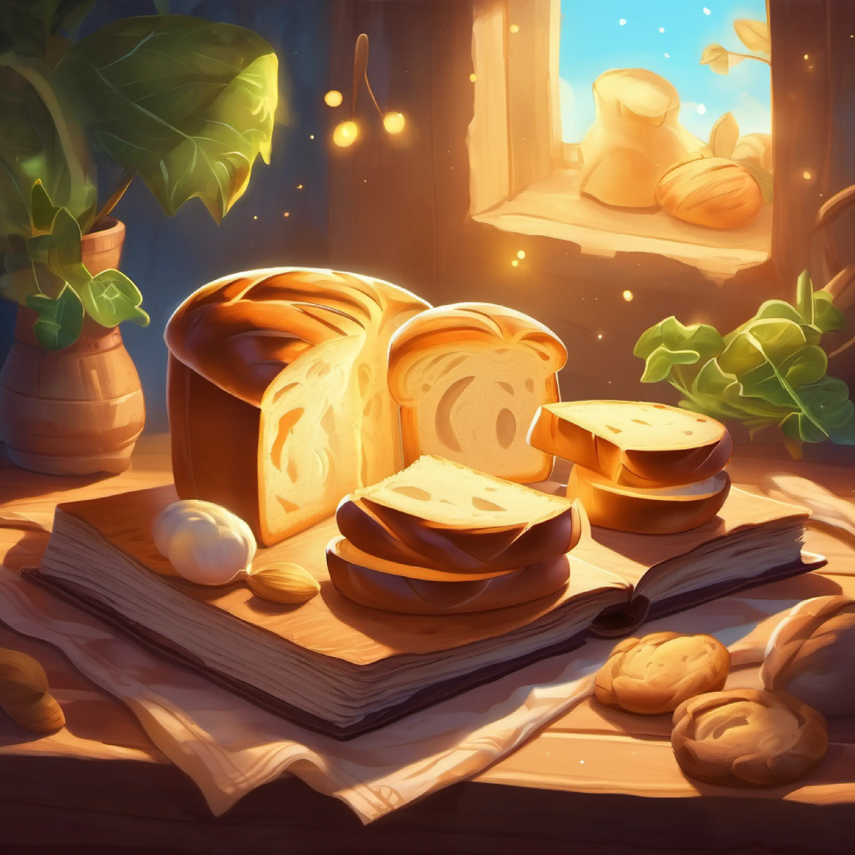 Discovery of a magical bread recipe in the glowing book.