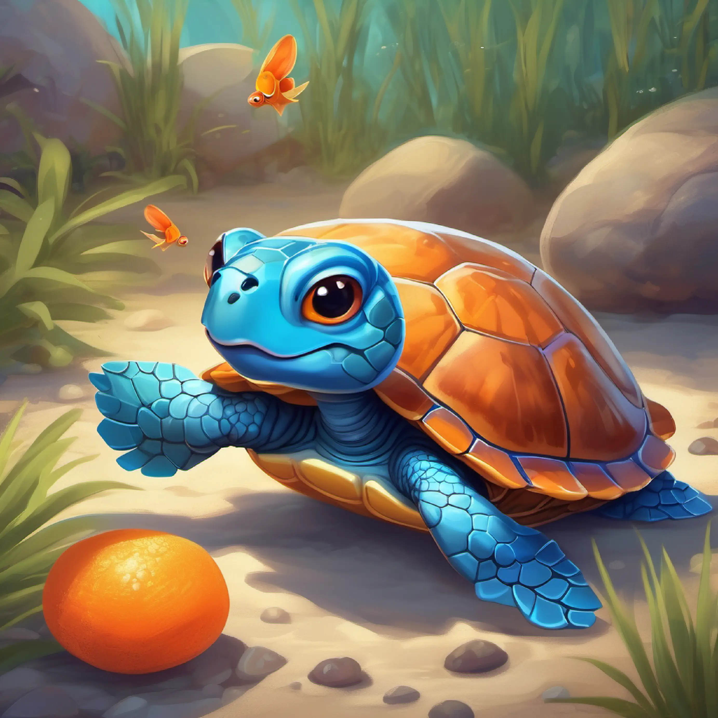 Tiny blue turtle with a shiny shell and Small orange crab with snappy claws learn about the special ingredients for the magical bread.