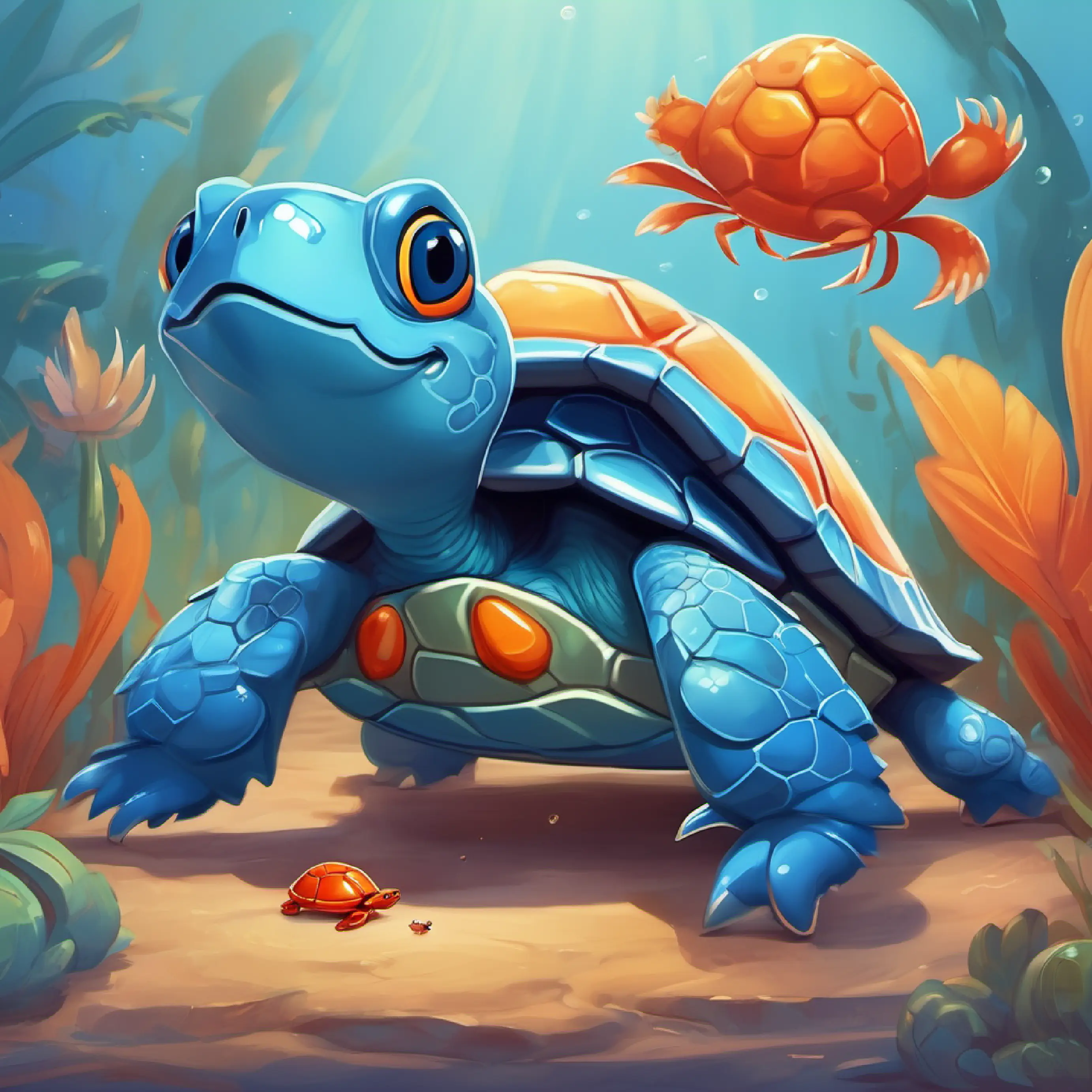 Tiny blue turtle with a shiny shell and Small orange crab with snappy claws meeting the giggly tomato and getting the first ingredient.