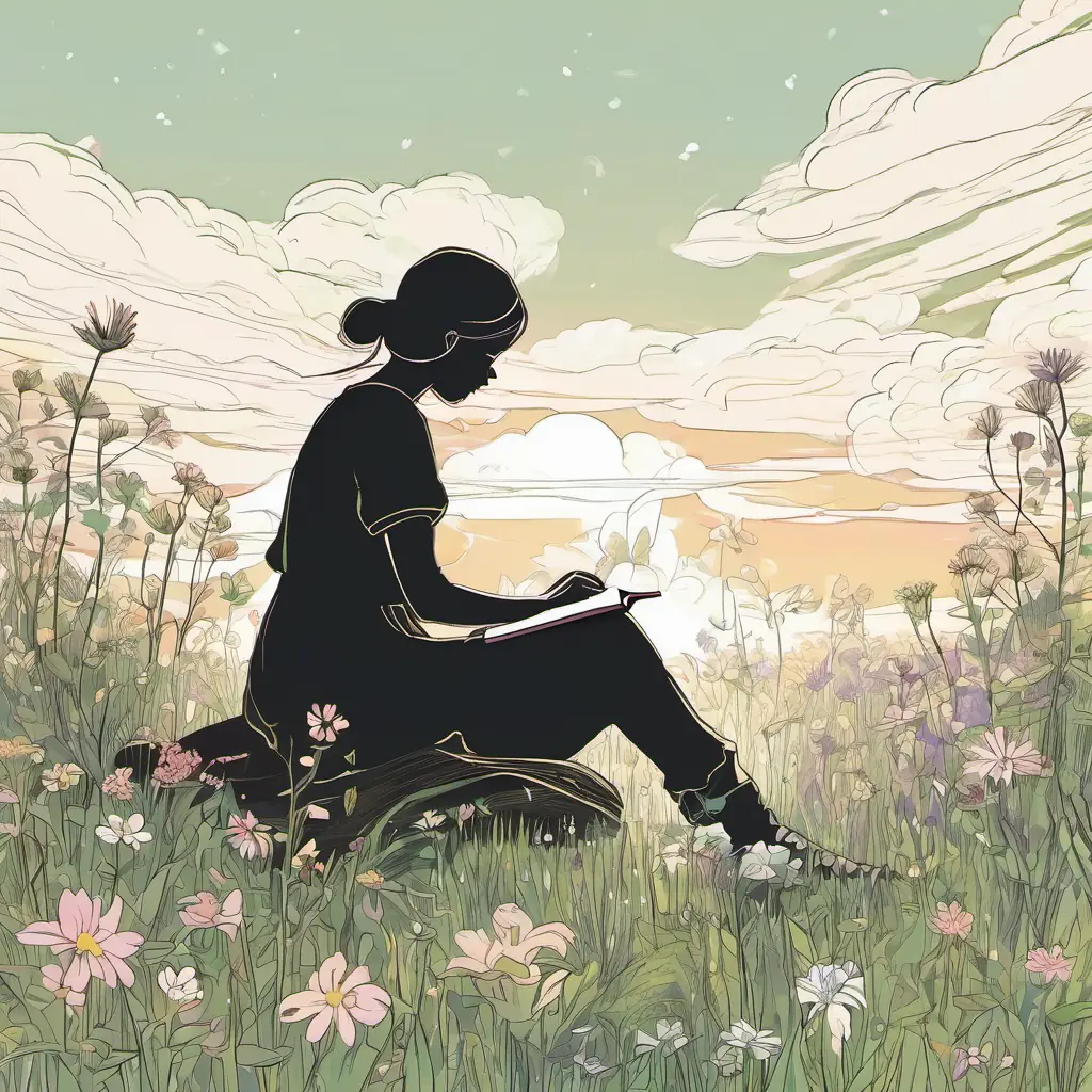 In a serene meadow bathed in soft sunlight, Lila sits cross-legged, her gaze fixed intently on a unique flower. A notebook rests on her lap, where she sketches the flower's progression. The flower, with its elongating stem and enlarging bud, stands as a symbol of patience and growth. In the distance, the silhouette of Old Man Whimsy can be seen, his presence a gentle reminder of the lesson he imparted.