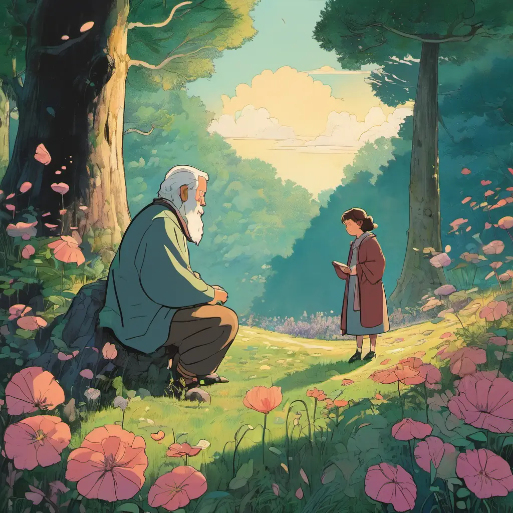 In a tranquil forest clearing, Lila sits attentively, her eyes wide with curiosity. Opposite her, Old Man Whimsy, with deep lines of age and wisdom on his face, gestures to a large, unique flower nearby. The flower has a few damaged petals, serving as a testament to his tale. The atmosphere is thick with nostalgia and regret, with shadows of past memories playing in the background.