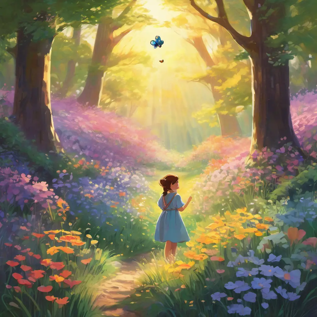 In a sunlit glade, Lila stands with wide-eyed wonder, her hands clasped over her heart. Before her, the once unassuming flower now radiates in full bloom, its petals unfurling in a mesmerizing array of colors. Sunbeams pierce through the trees, illuminating the flower and casting a soft glow around it. Butterflies and bees are drawn to its beauty, and the air is thick with its intoxicating fragrance. The entire scene exudes magic, symbolizing the culmination of patience and the joy of life's unexpected rewards.