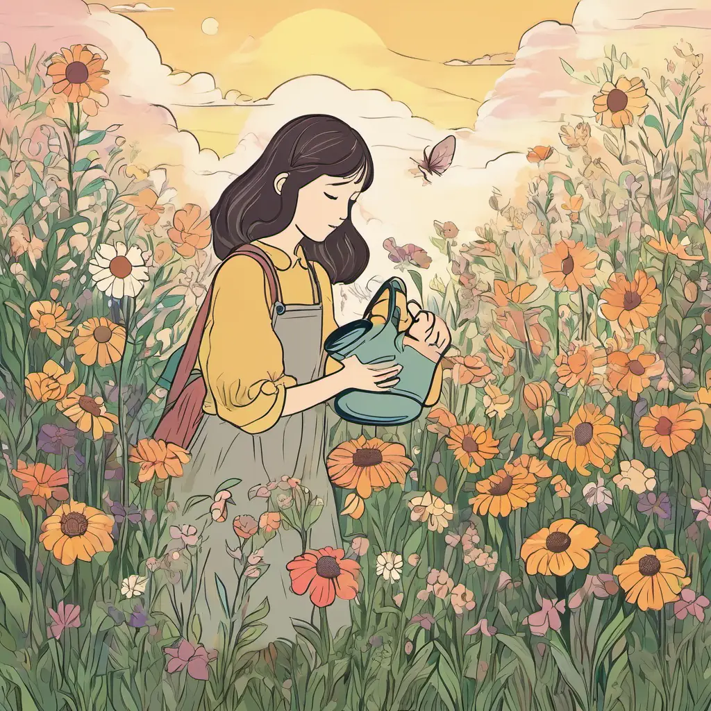 A serene meadow with a large, unique flower bud at its center. Lila, with an expression of anticipation and slight frustration, kneels beside it, examining the barely visible petals peeking out. In her hand, she holds a small watering can, symbolizing her attempts to hasten the bloom. The sun casts long shadows, indicating the passage of time.