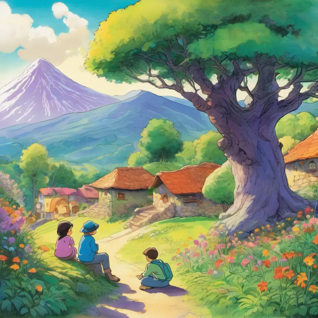 A vibrant village with children gathered around a rare, budding flower at the foot of a mountain. In the background, Old Man Whimsy narrates a tale to an attentive Lila, both sitting under a tree. The atmosphere is one of anticipation and learning