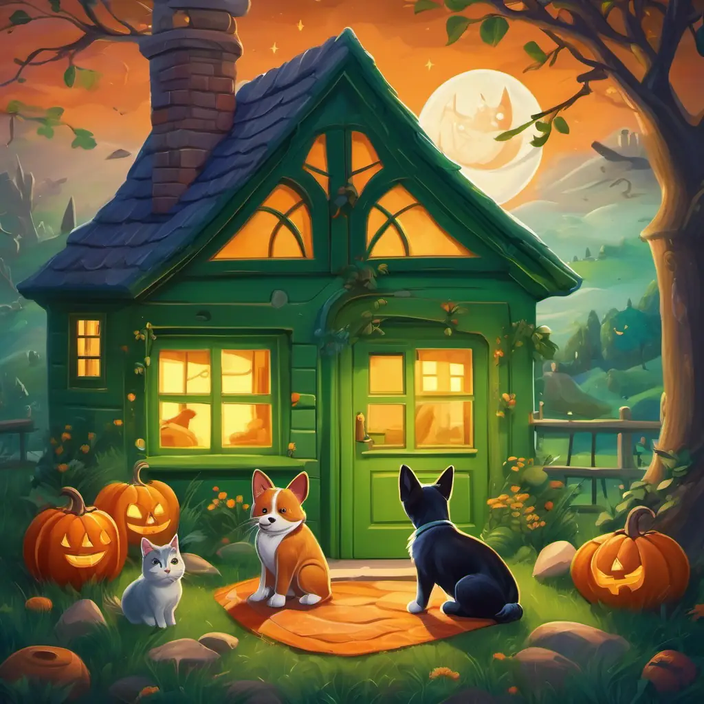 The story begins in a cozy little house in Green Meadow. The house is filled with soft cushions and colorful toys. We see a happy dog named Rover and a curious cat named Whiskers playing together.