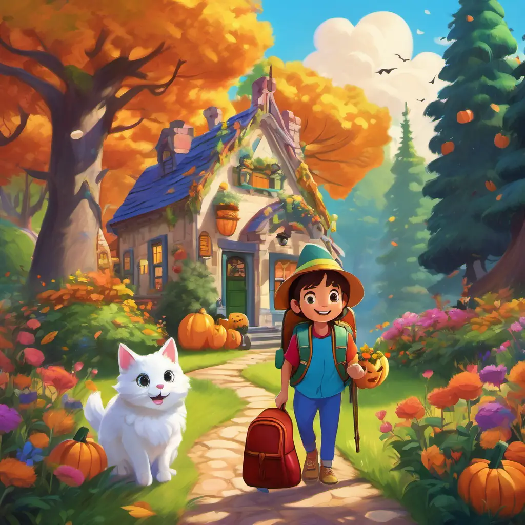 In a bright and sunny day, Rover and Whiskers are seen outside the house with their colorful backpacks, filled with treats. They are excited and ready to explore the enchanted forest. We see tall trees, colorful flowers, and a narrow path ahead.