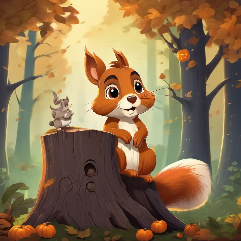 In the middle of the forest, Rover and Whiskers see a cute squirrel sitting on a tree stump, looking very sad. The squirrel has fluffy brown and white fur with big round eyes.