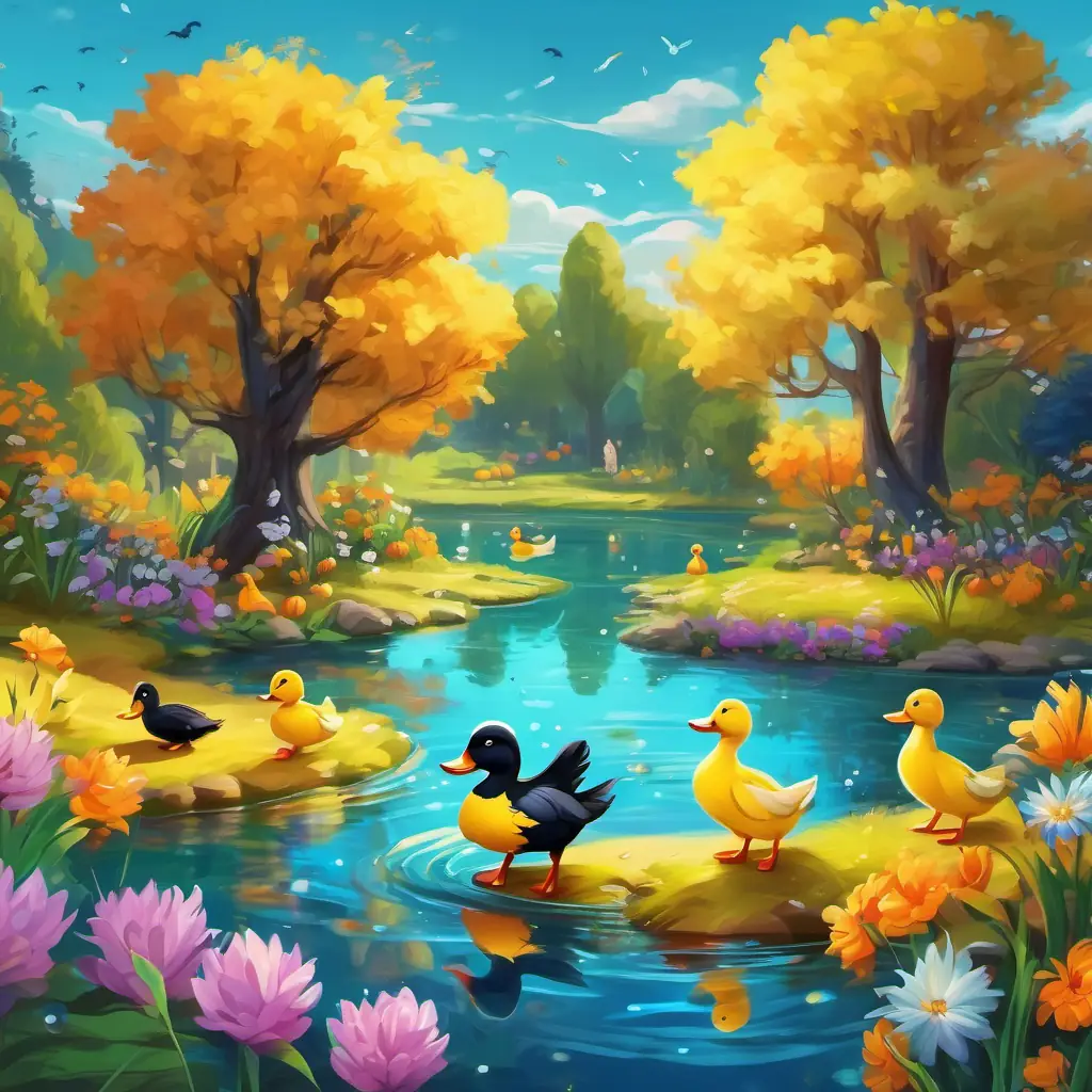 Rover and Whiskers reach a beautiful pond with crystal clear blue water. They see colorful flowers all around the pond, and ducks swimming happily. The ducks have yellow feathers and are quacking cheerfully.