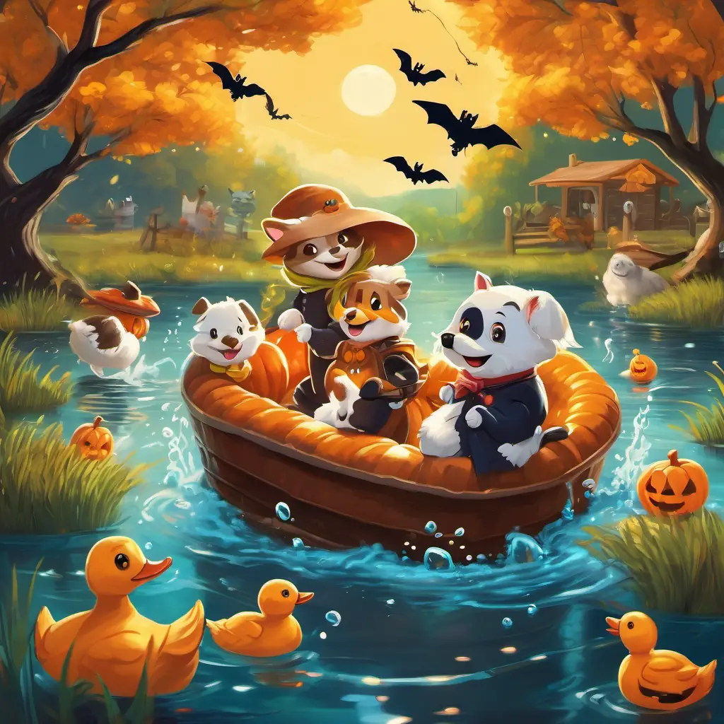 Rover and Whiskers are seen in the water, splashing and playing with the ducks. The water is sparkling under the warm sunlight. They are all laughing and having a wonderful time.