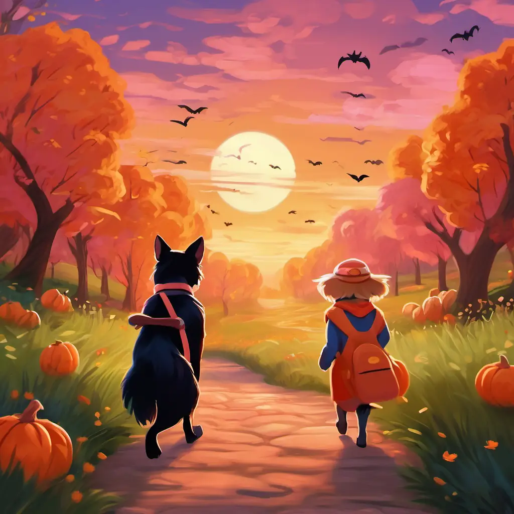 The sun is setting, and the sky is painted in beautiful shades of orange and pink. Rover and Whiskers wave their paws to say goodbye to the ducks and the enchanted forest. They start walking on the path towards Green Meadow, feeling tired but happy.