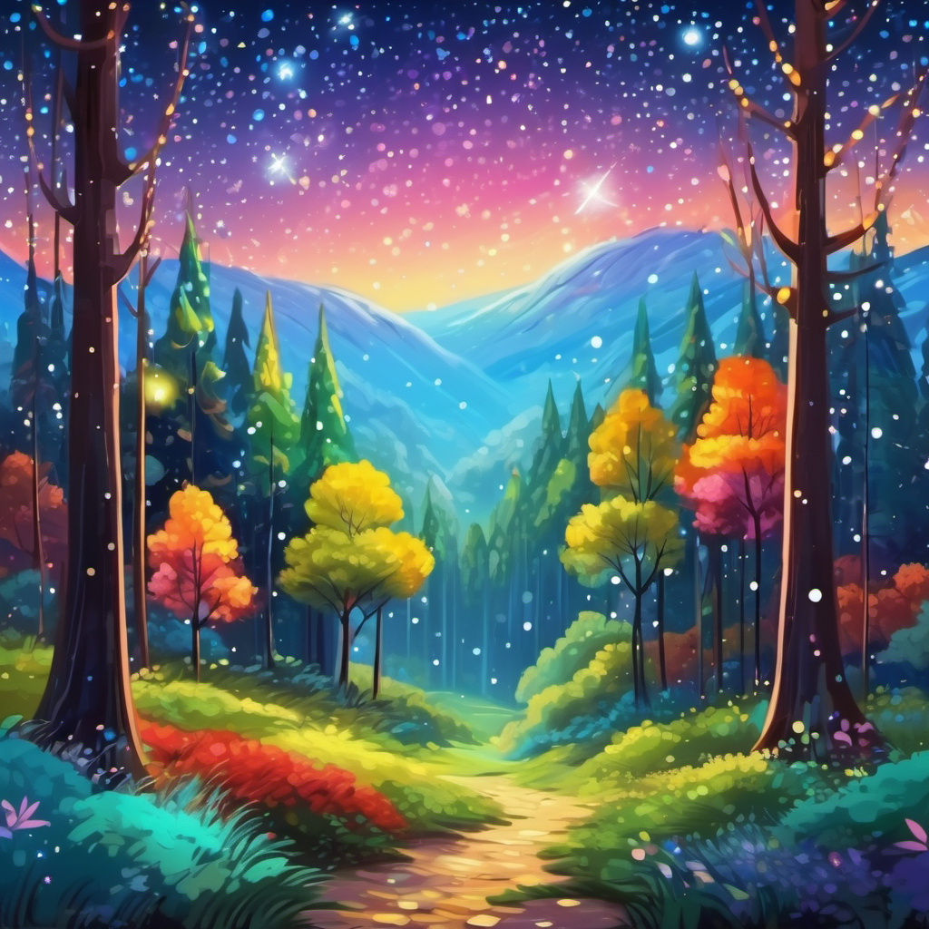 Colorful forest with tall trees and sparkling stars