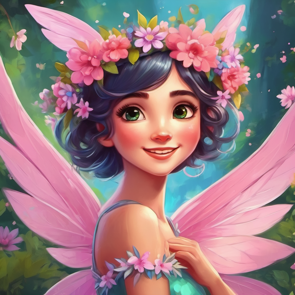 Cheerful fairy with pink wings and a flower crown