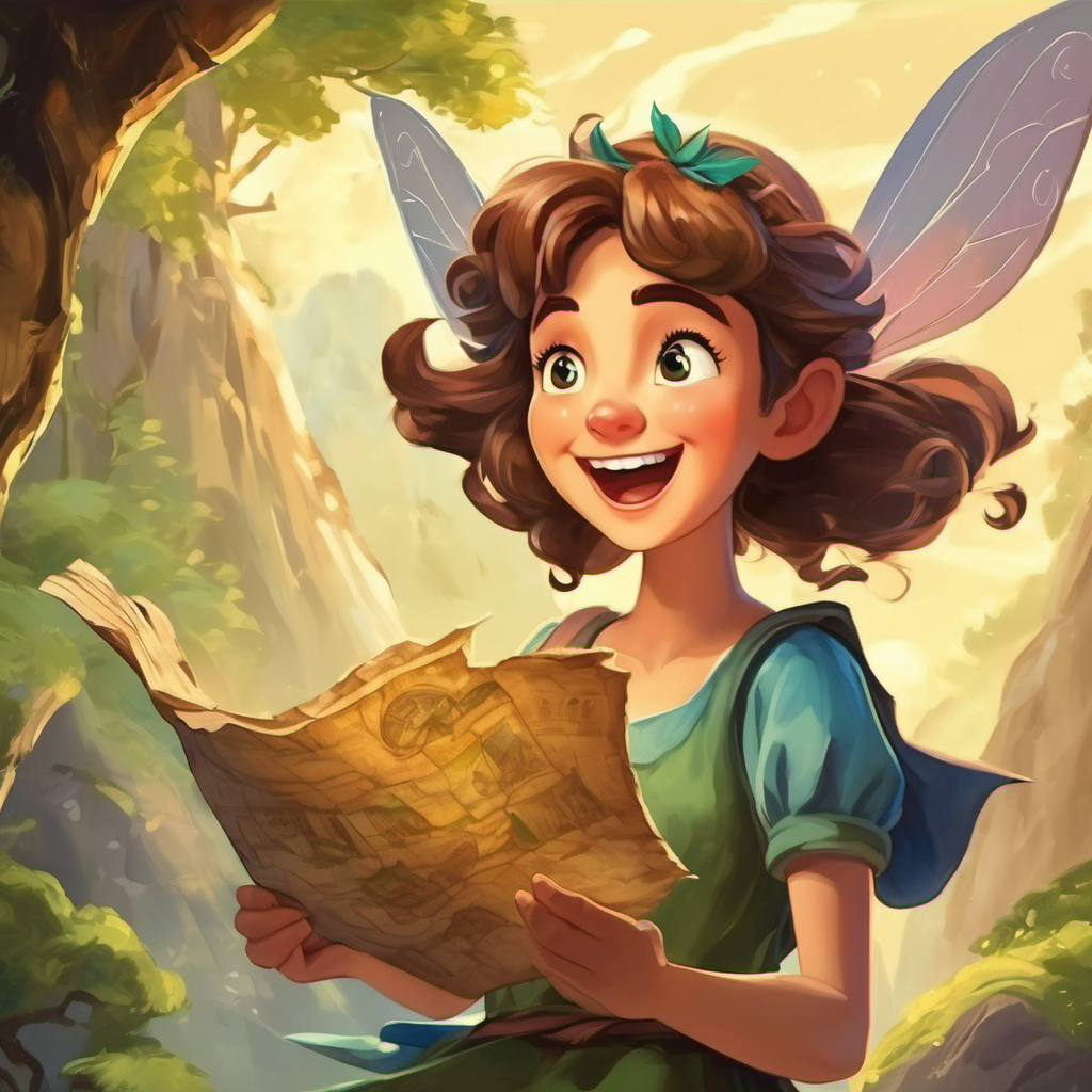 Excited fairy holding an old, crumpled treasure map