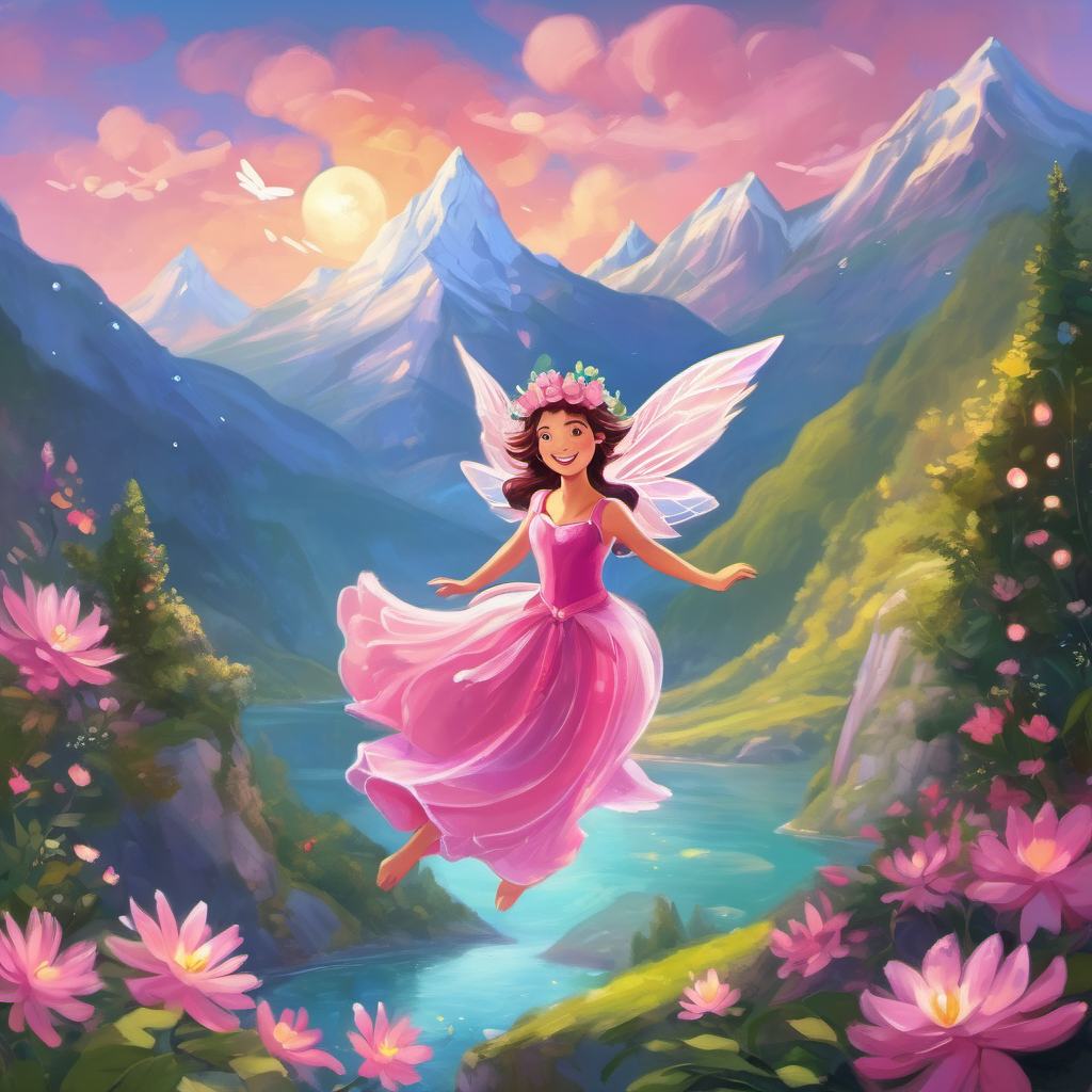 Cheerful fairy with pink wings and a flower crown flying over mountains and sparkling rivers