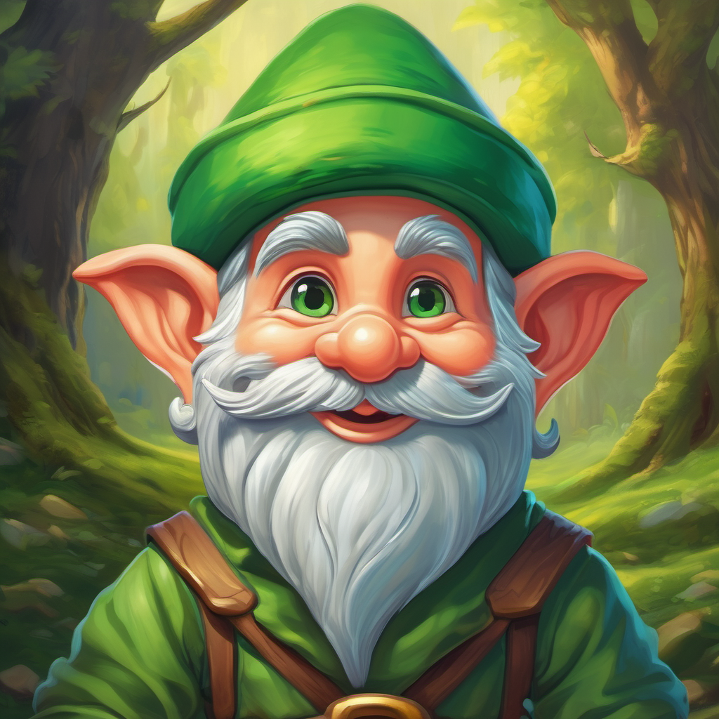 Playful gnome with a green hat and a mischievous smirk