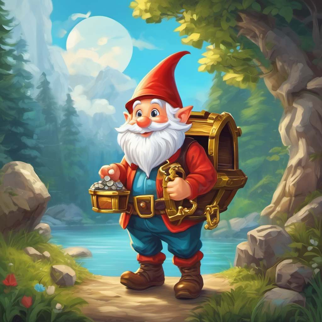 Smiling gnome holding a magnifying glass and a treasure chest