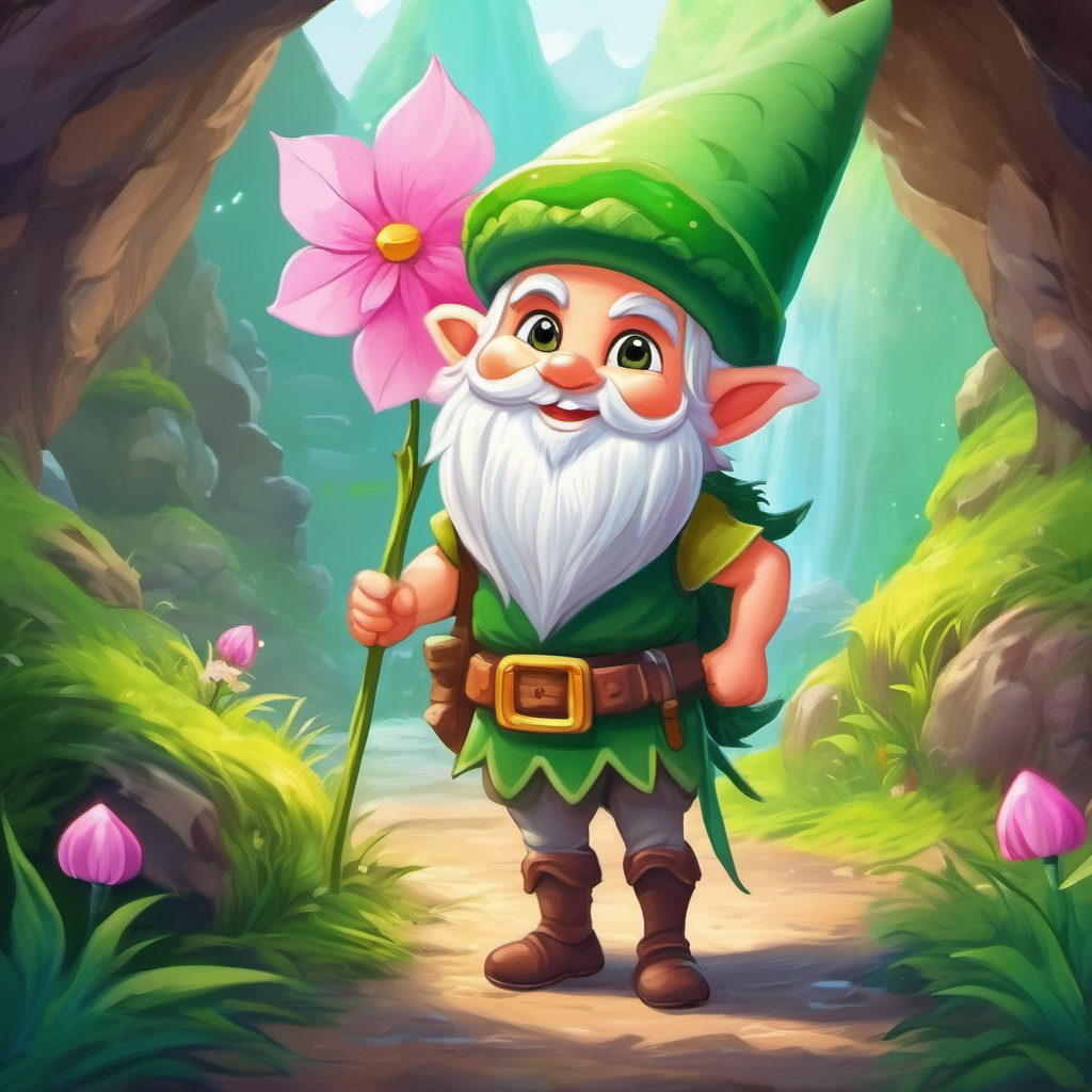 Cheerful fairy with pink wings and a flower crown and Playful gnome with a green hat and a mischievous smirk standing victorious near a hidden cave